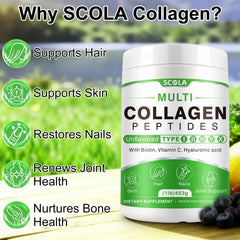 SCOLA collagen peptides powder scoop beside container for easy serving