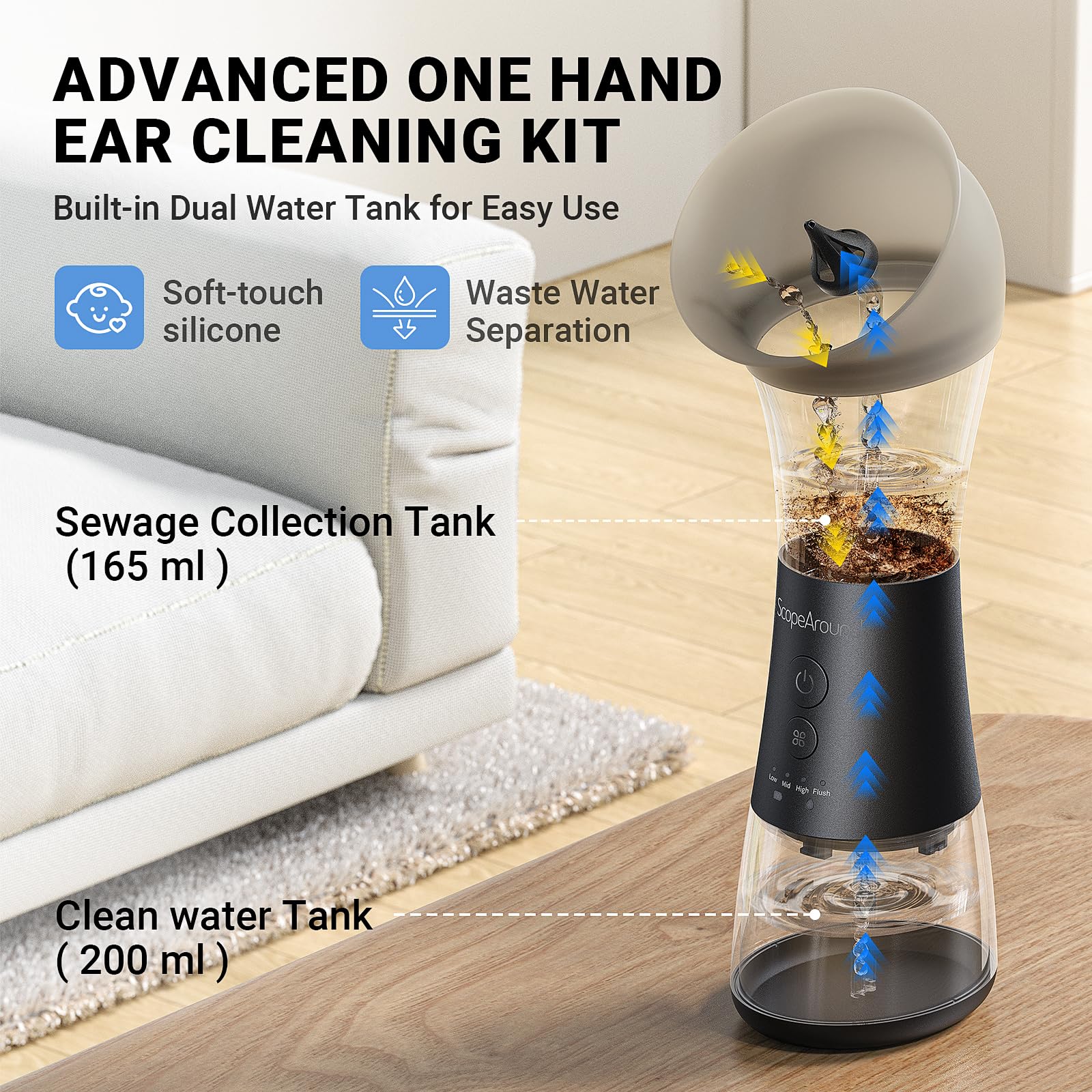 ScopeAround one-piece tank design simplifies refills and reduces mess.