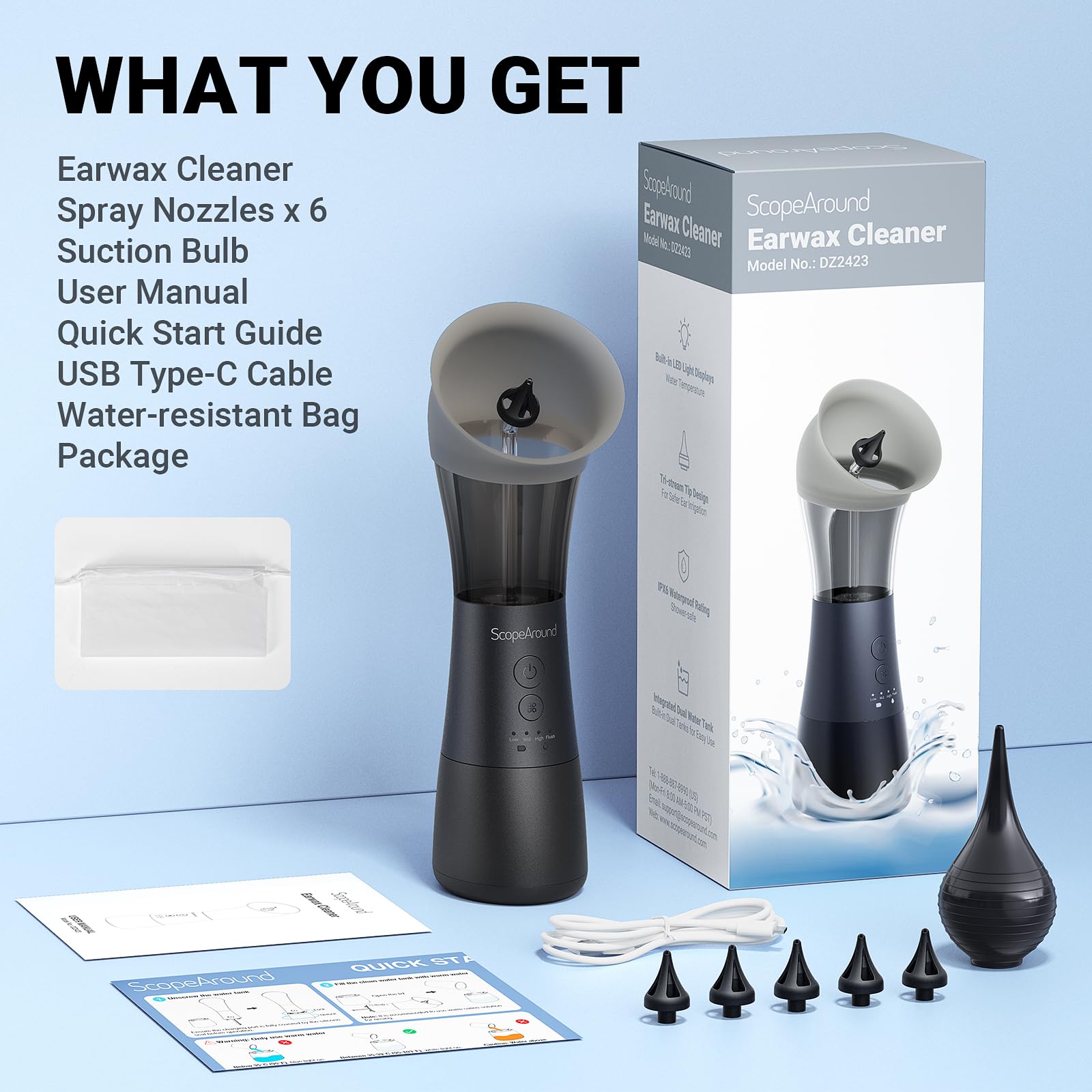 ScopeAround soft three-nozzle tip provides diffuse flow for gentle cleaning.