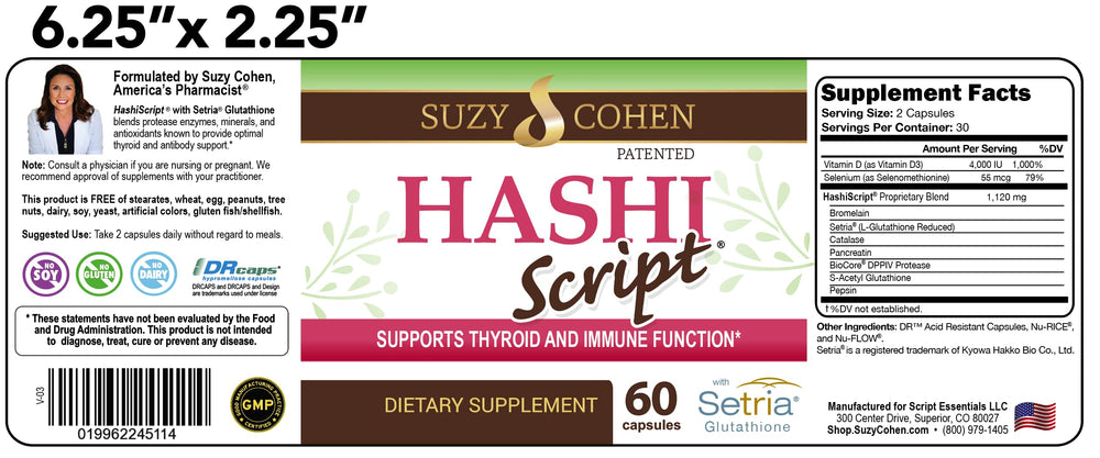 Script Essentials HashiScript bottle pours capsules into an open hand.