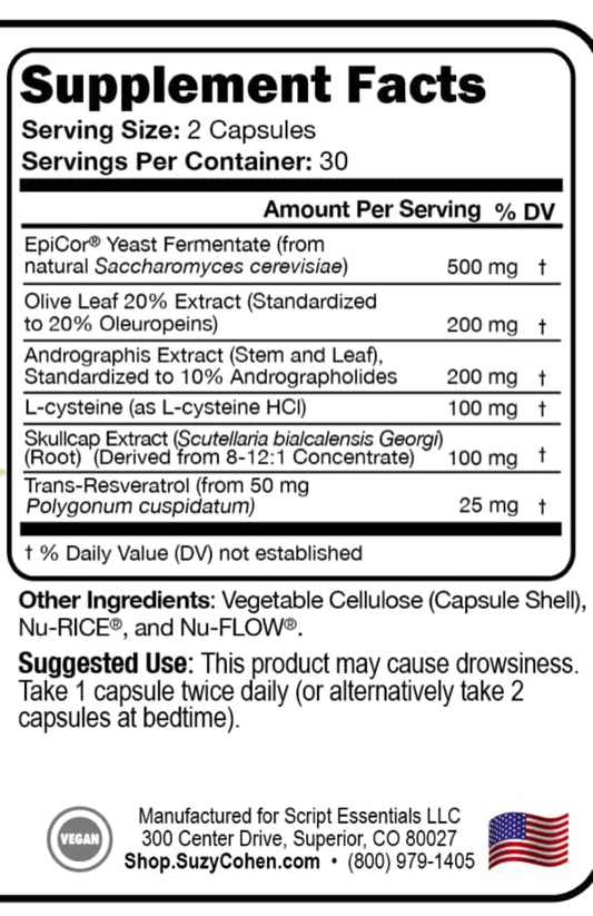 Script Essentials Immune Script bottle back showing label details and vegetarian capsule benefits