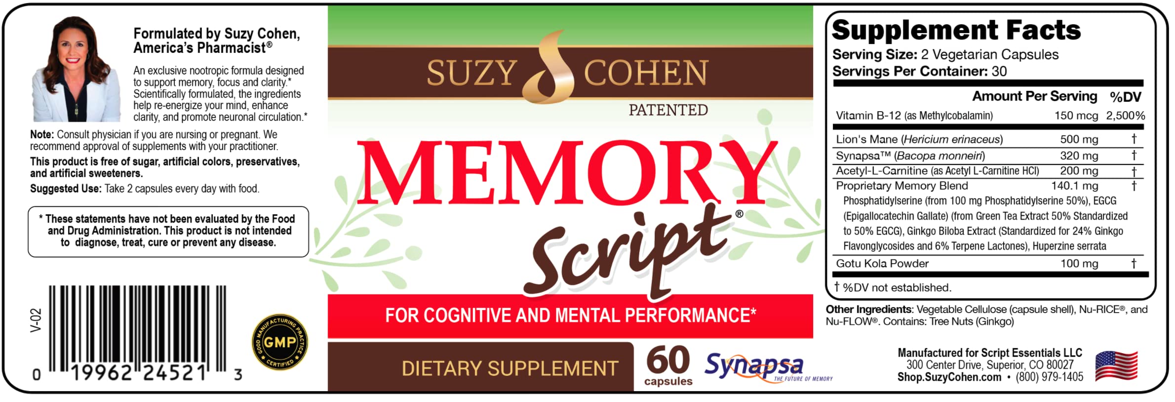 Memory Script capsules close-up highlighting Lion’s Mane and Ginkgo for brain support.