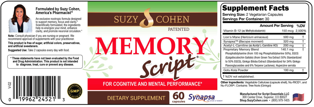 Memory Script capsules close-up highlighting Lion’s Mane and Ginkgo for brain support.