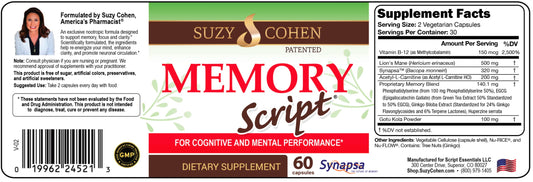 Memory Script capsules close-up highlighting Lion’s Mane and Ginkgo for brain support.
