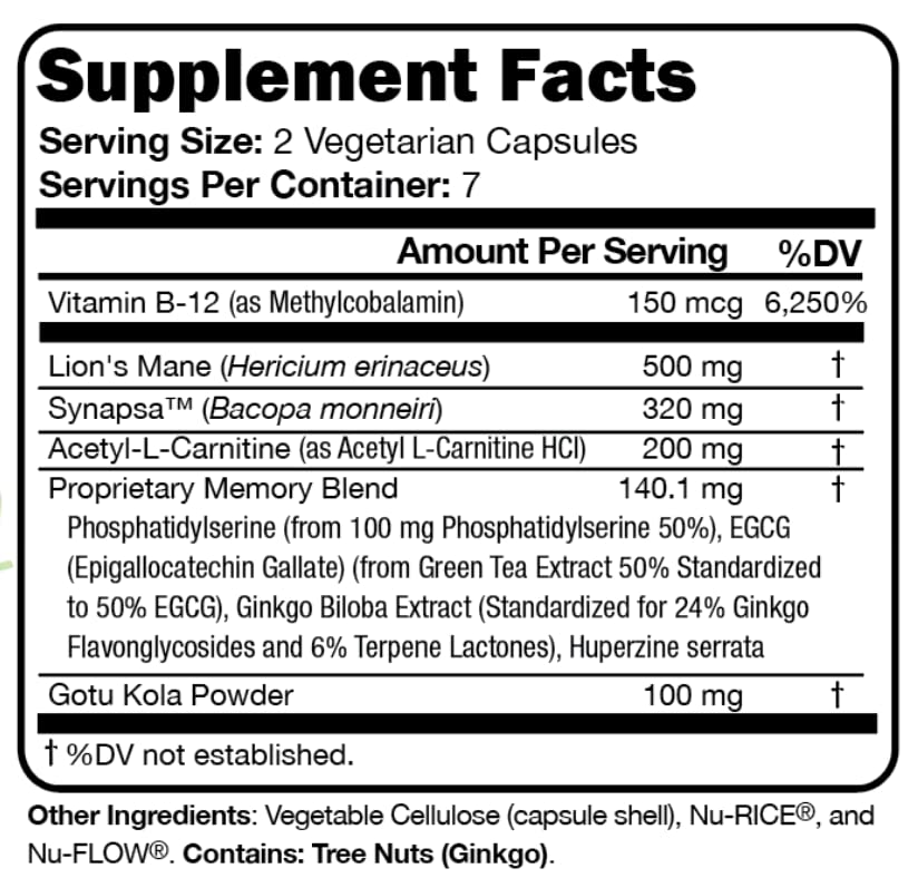 Memory Script ingredients panel shows Green Tea Extract and Phosphatidylserine.