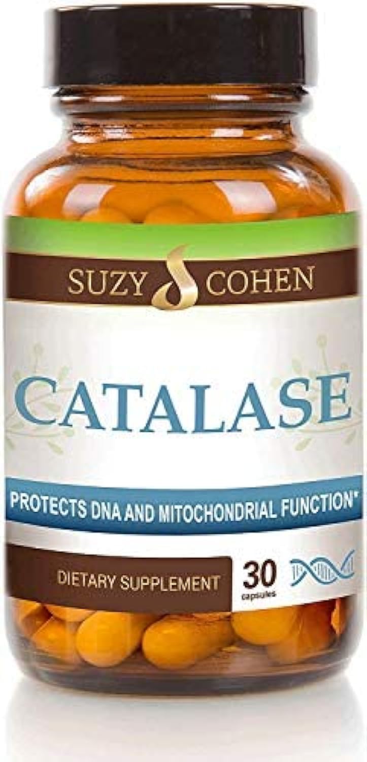 Script Essentials Suzy Cohen Catalase bottle being poured for antioxidant support.