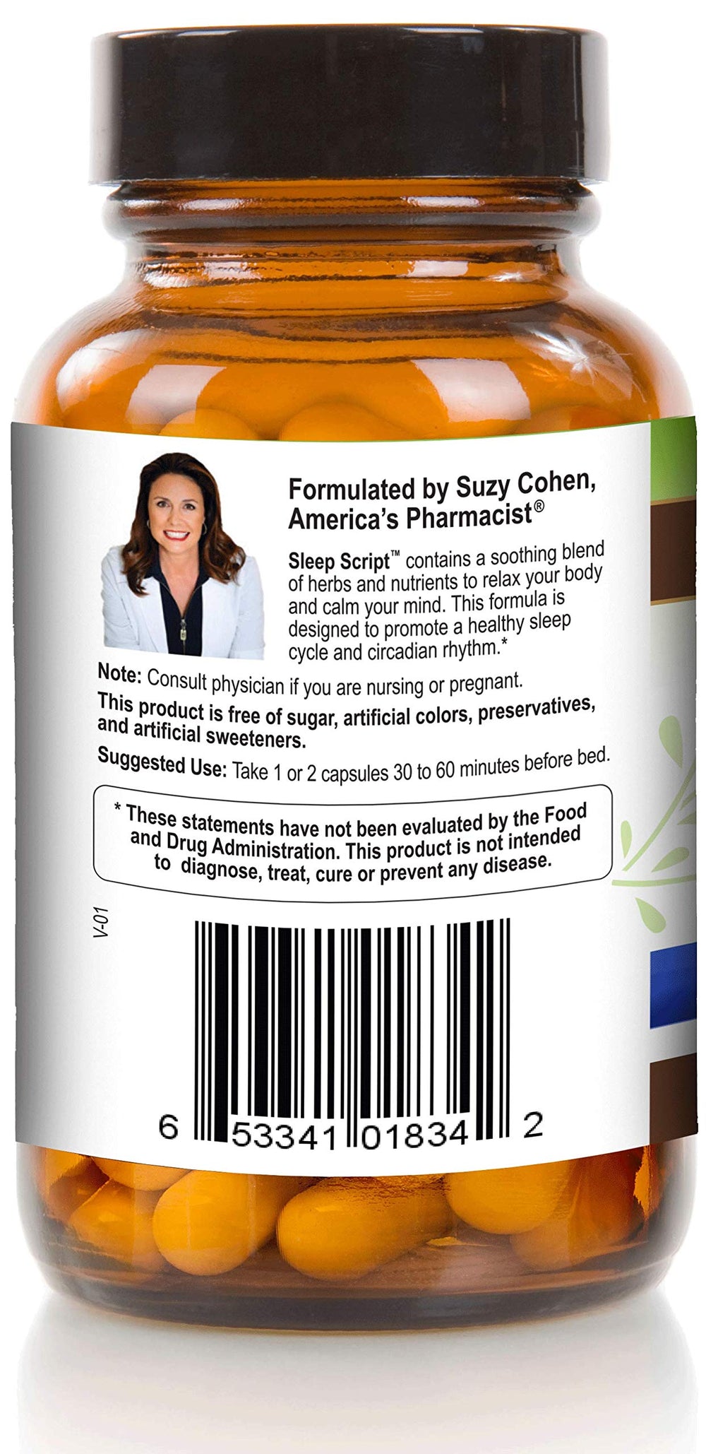 Sleep Script label reveals key ingredients like 5-HTP and melatonin.