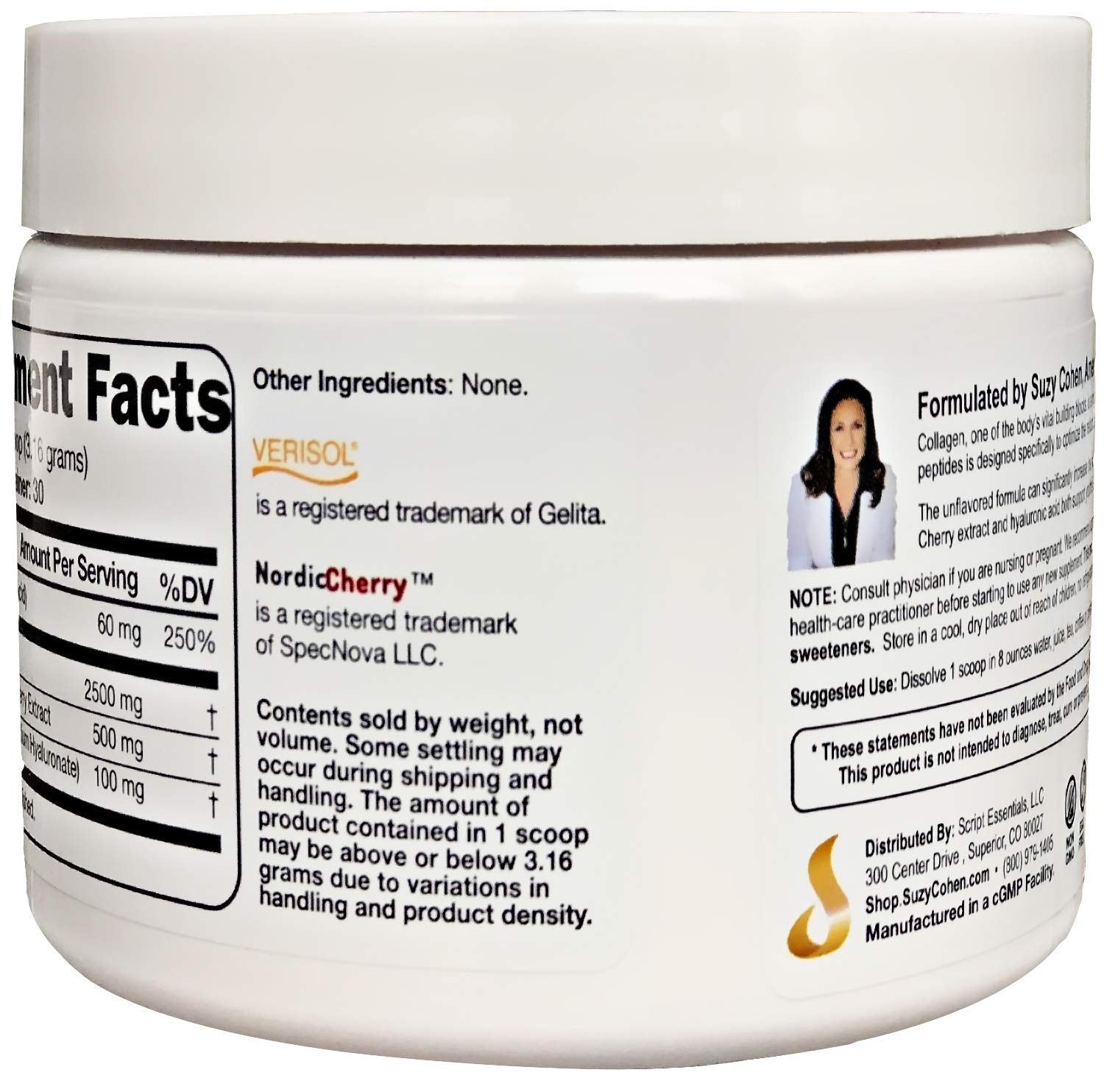 Script Essentials Verisol collagen peptides bottle highlighting hydration and support
