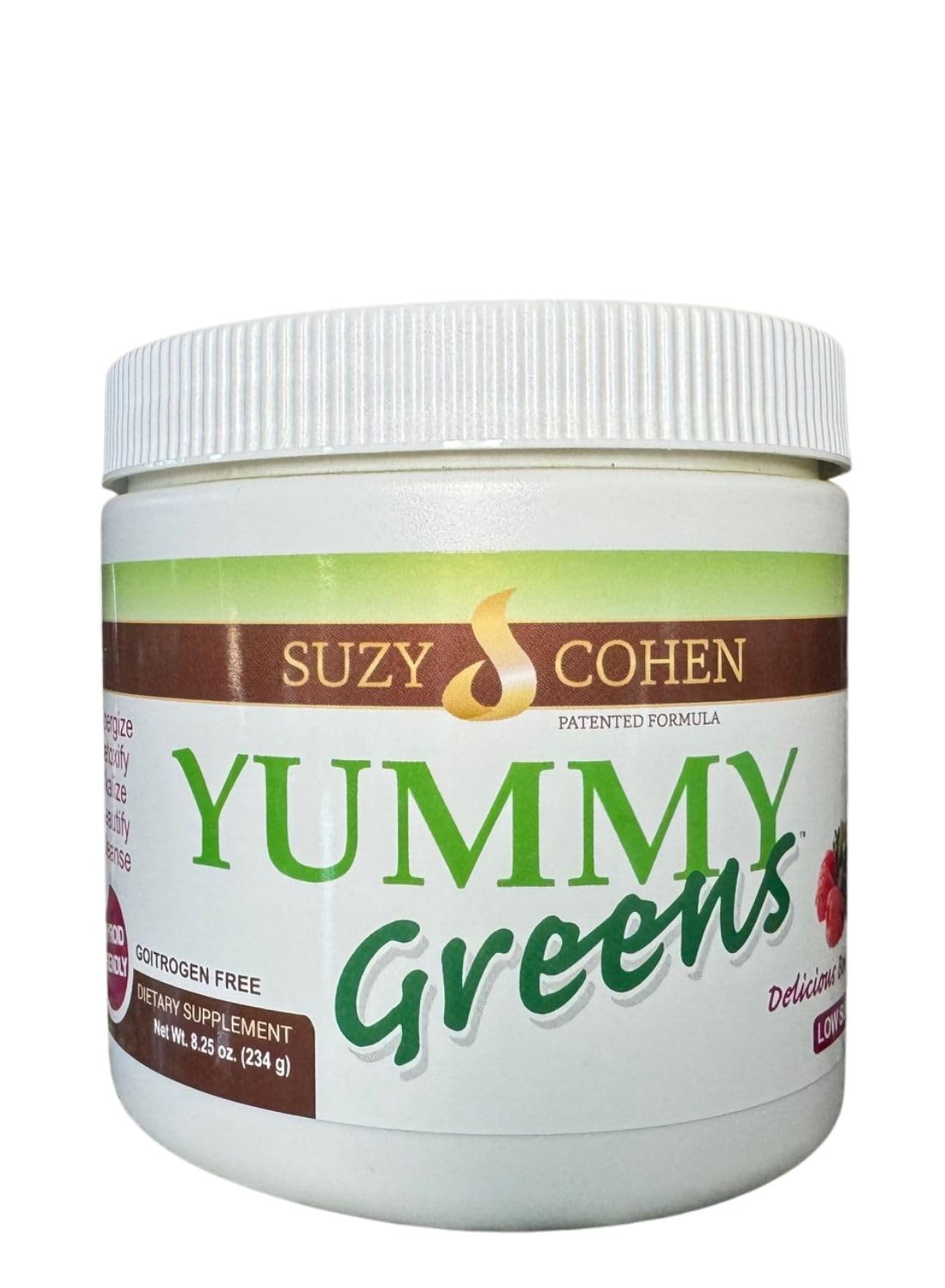 Script Essentials Yummy Greens bottle pour shows convenient daily energy support.