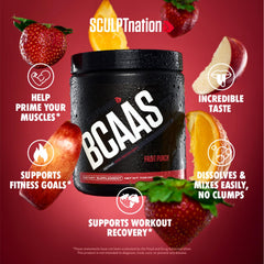 Sculpt Nation BCAA powder being mixed with water for during-workout use.