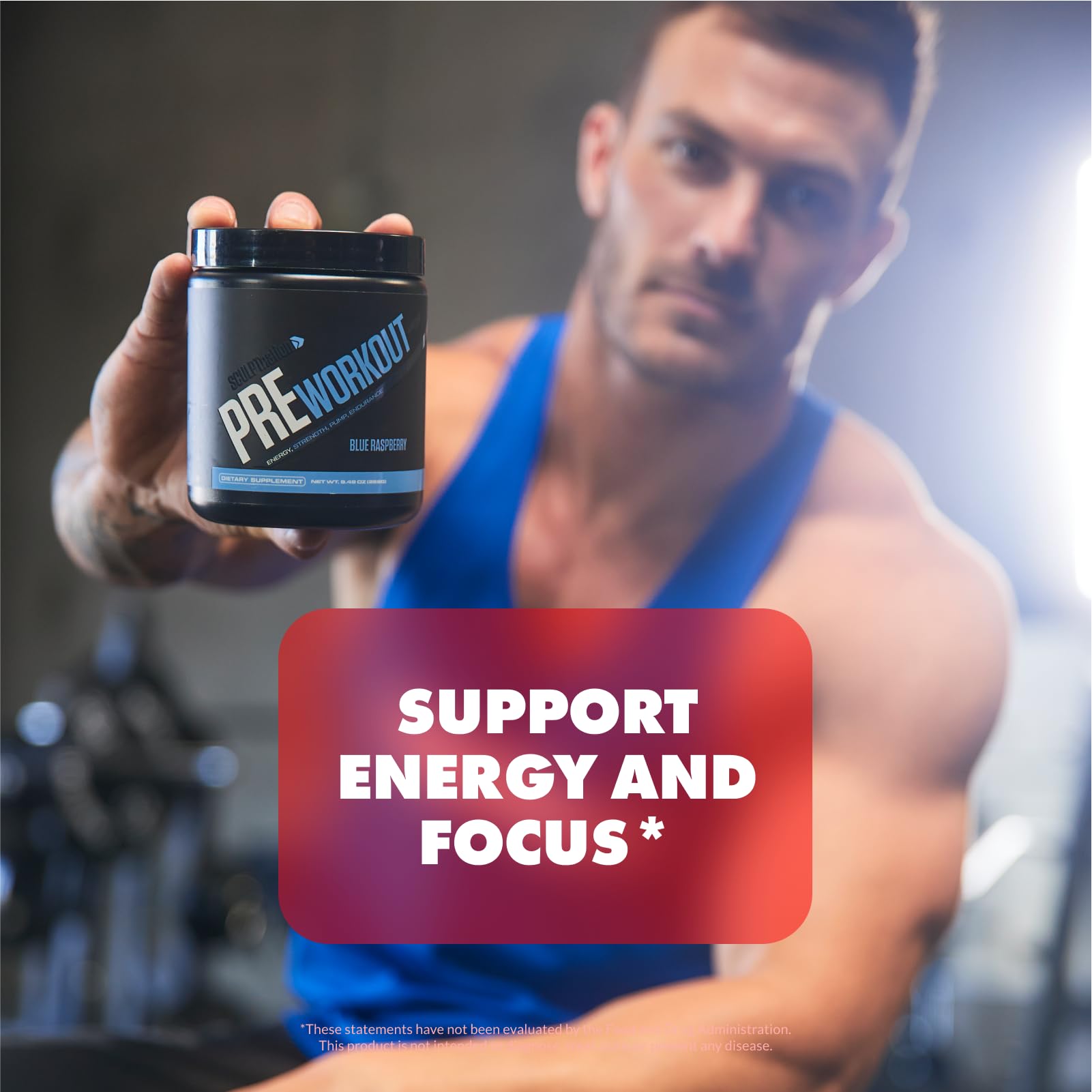 Sculpt Nation blue raspberry powder shaken in a drink for energy