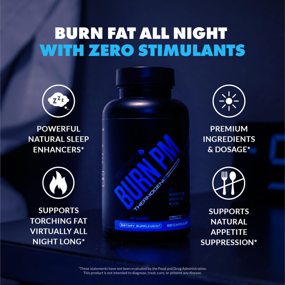 Close-up of Burn PM label highlights raspberry ketones and melatonin for night use.
