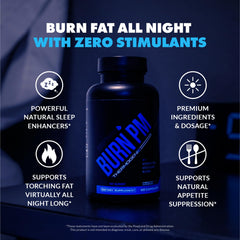 Close-up of Burn PM label highlights raspberry ketones and melatonin for night use.
