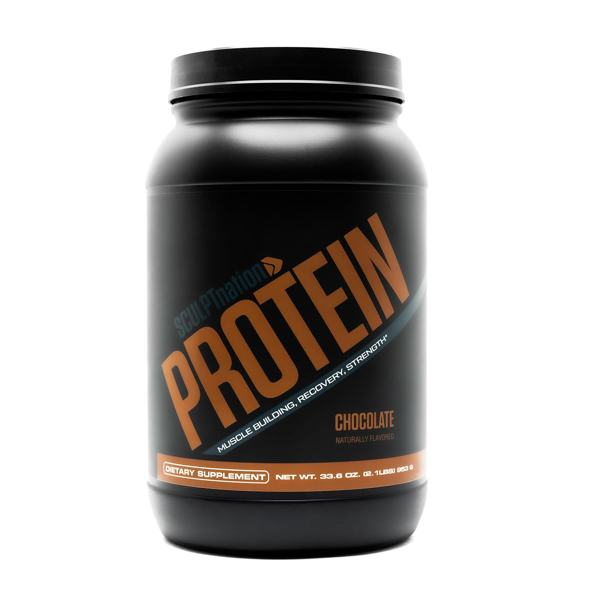 Sculpt Nation chocolate whey protein tub showing premium formula for post-workout fueling and muscle support.