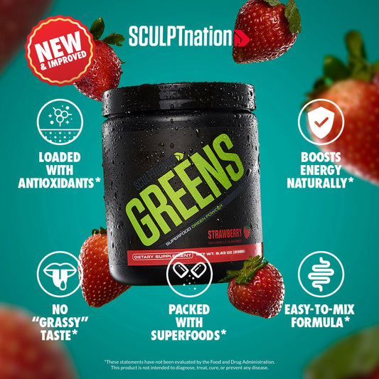 Scoop of Sculpt Nation Greens Strawberry powder for easy daily nutrition.