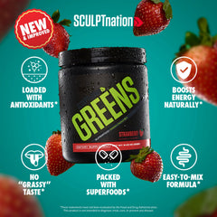 Scoop of Sculpt Nation Greens Strawberry powder for easy daily nutrition.