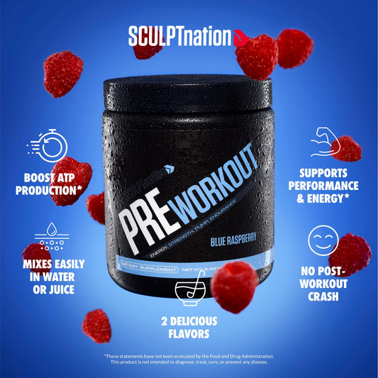 Sculpt Nation preworkout scoop dispensing into a glass for a boost