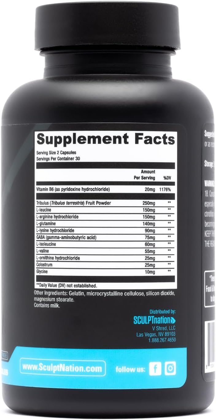 Sculpt Nation Tribulus terrestris capsules bottle back, vitality and strength support.