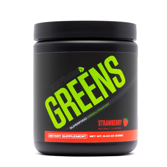 Sculpt Nation Greens Strawberry tub showing premium greens blend for daily energy and digestion support.