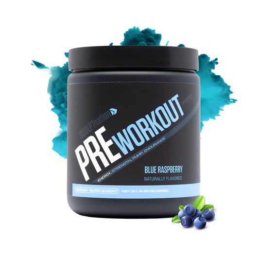 Sculpt Nation V Shred PreWorkout blue raspberry bottle energizes workouts