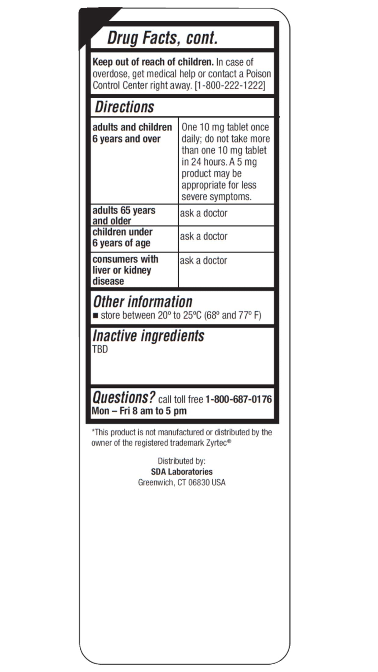 SDA Laboratories All Day Allergy dosage bottle shows once-daily cetirizine for indoor and outdoor symptoms