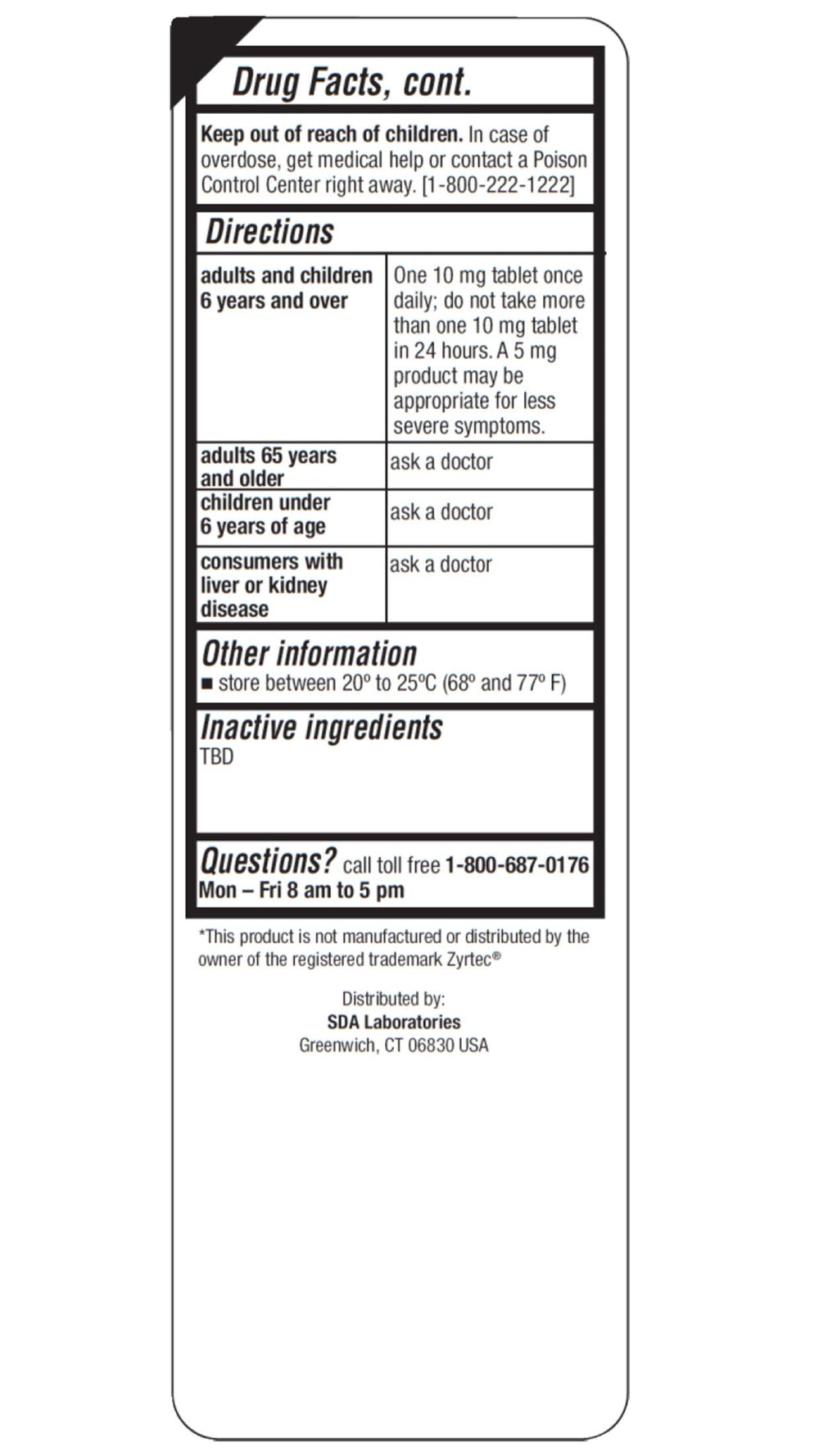 SDA Laboratories All Day Allergy dosage bottle shows once-daily cetirizine for indoor and outdoor symptoms