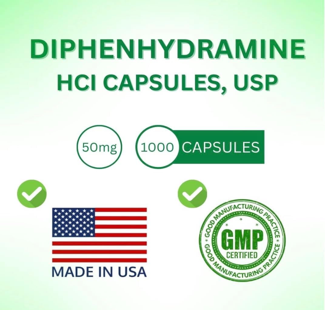SDA Laboratories Diphenhydramine 50mg bottle dispensing illustration of convenient dosing