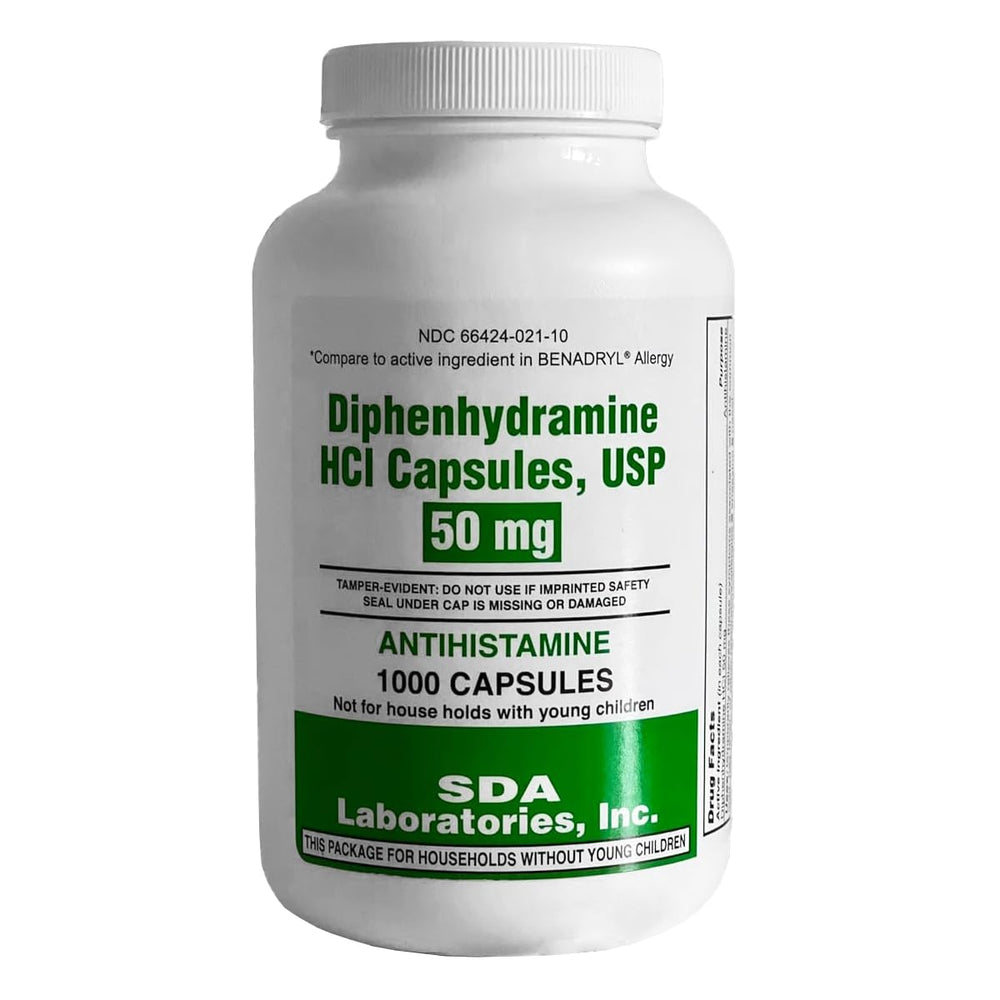 SDA Laboratories Diphenhydramine 50mg bottle shown for quick allergy relief