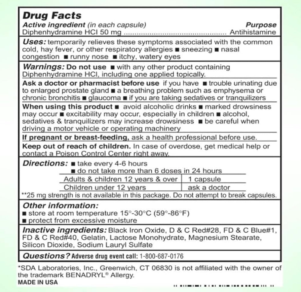 SDA Laboratories Diphenhydramine 50mg capsules closeup highlighting portable relief