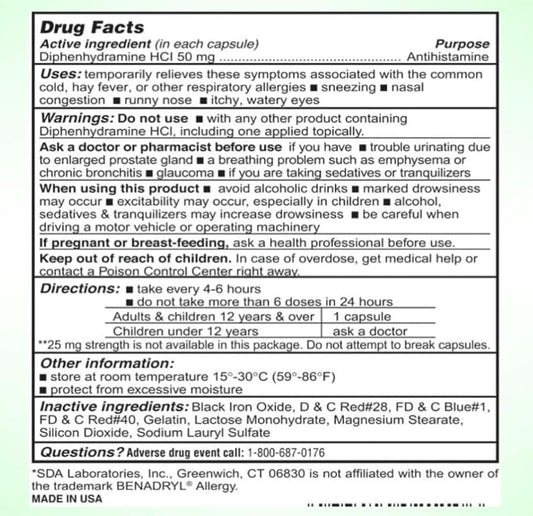 SDA Laboratories Diphenhydramine 50mg capsules closeup highlighting portable relief