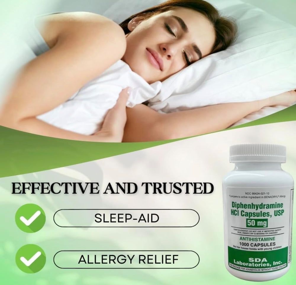 SDA Laboratories Diphenhydramine 50mg suitable for indoor and outdoor allergy relief