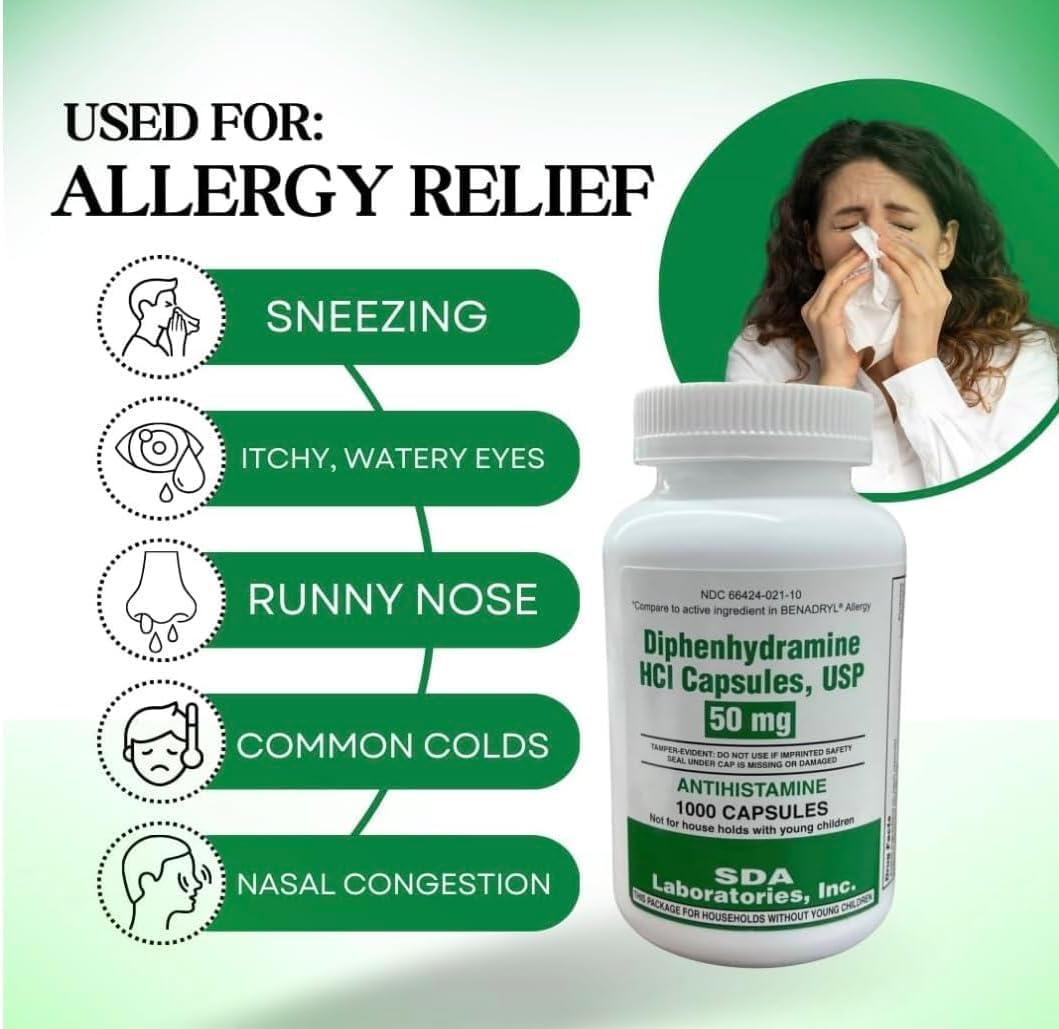 SDA Laboratories Diphenhydramine 50mg packaging montage for household use