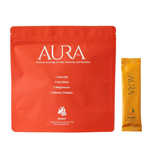 Sea Bloom Labs Ocean Aura Mango 28-pack stick pack for hydration and electrolytes