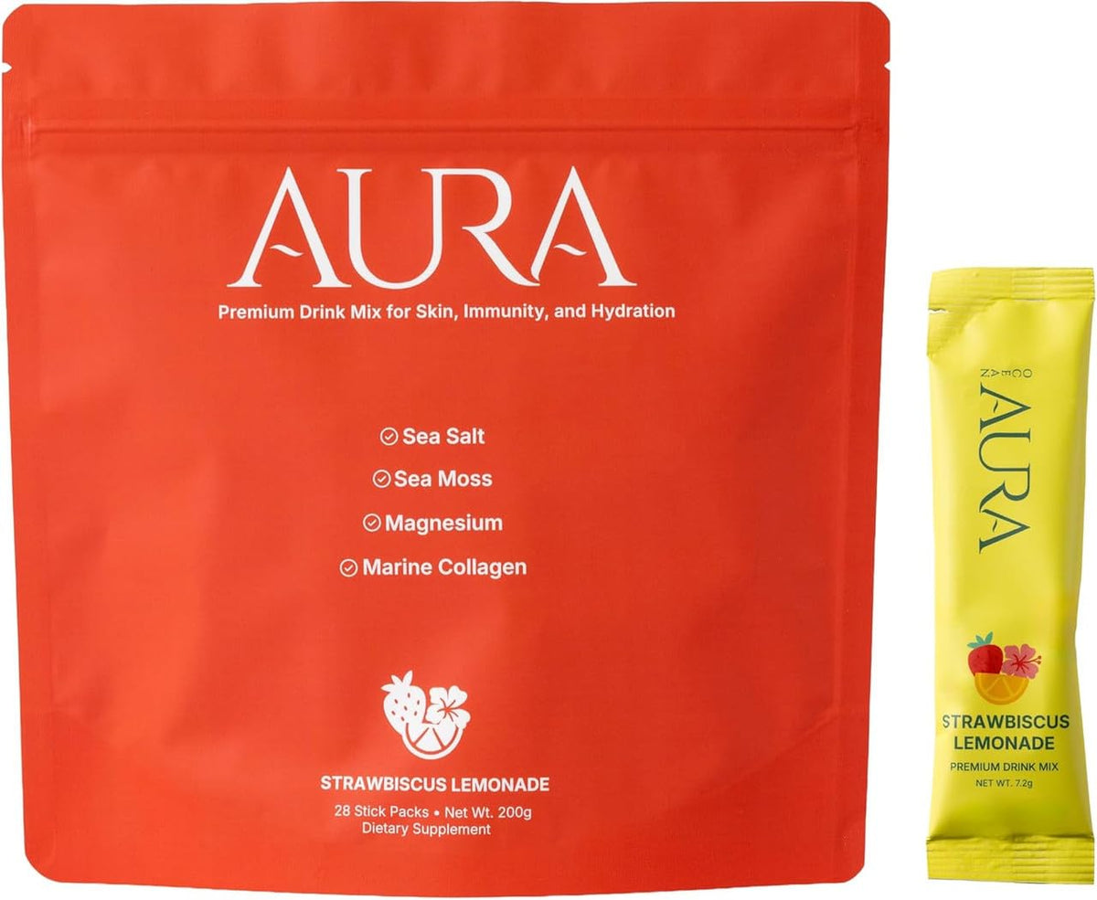 Sea Bloom Labs Ocean Aura stick pack in strawbiscus lemonade for on-the-go hydration