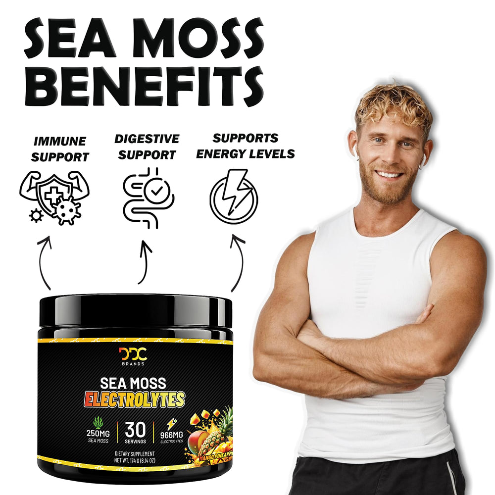 Sea Moss Electrolytes glass with mango pineapple flavored hydration