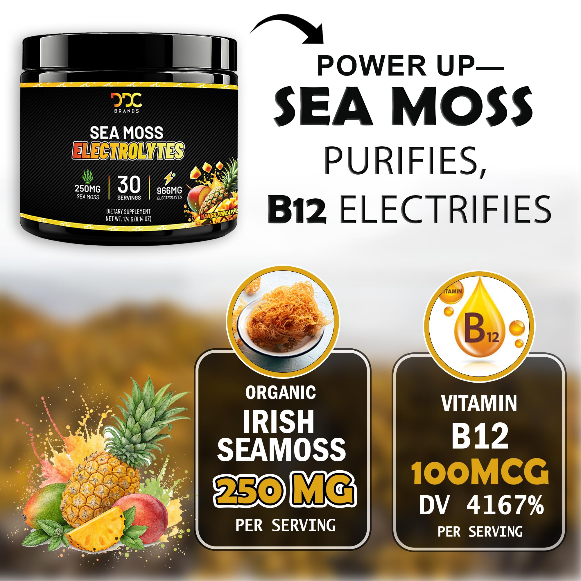 Sea Moss Electrolytes label close-up highlighting packaging and zero sugar