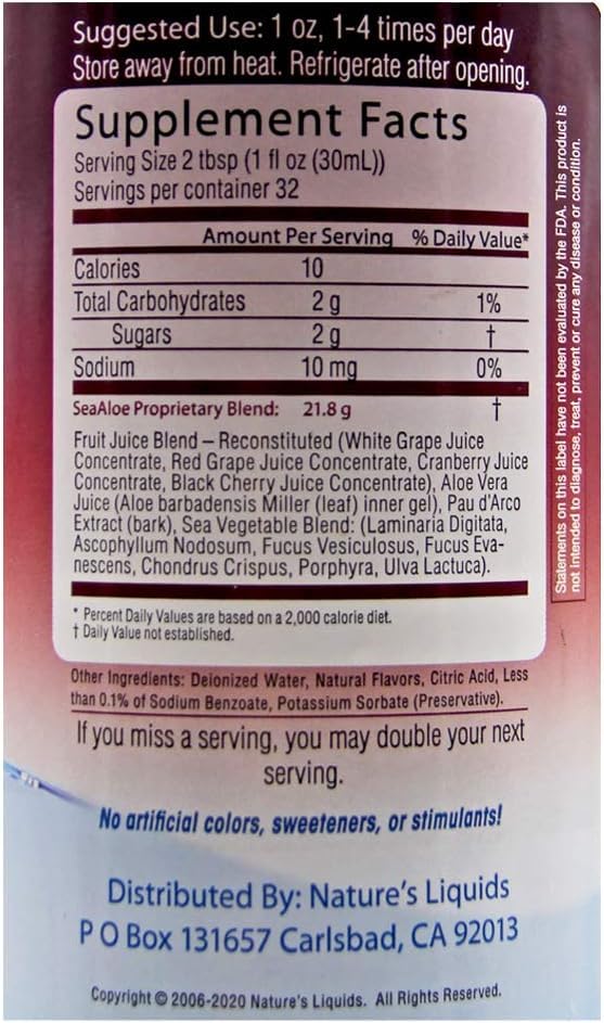 SeaAloe label close-up emphasizes botanical blend for overall vitality and digestion.
