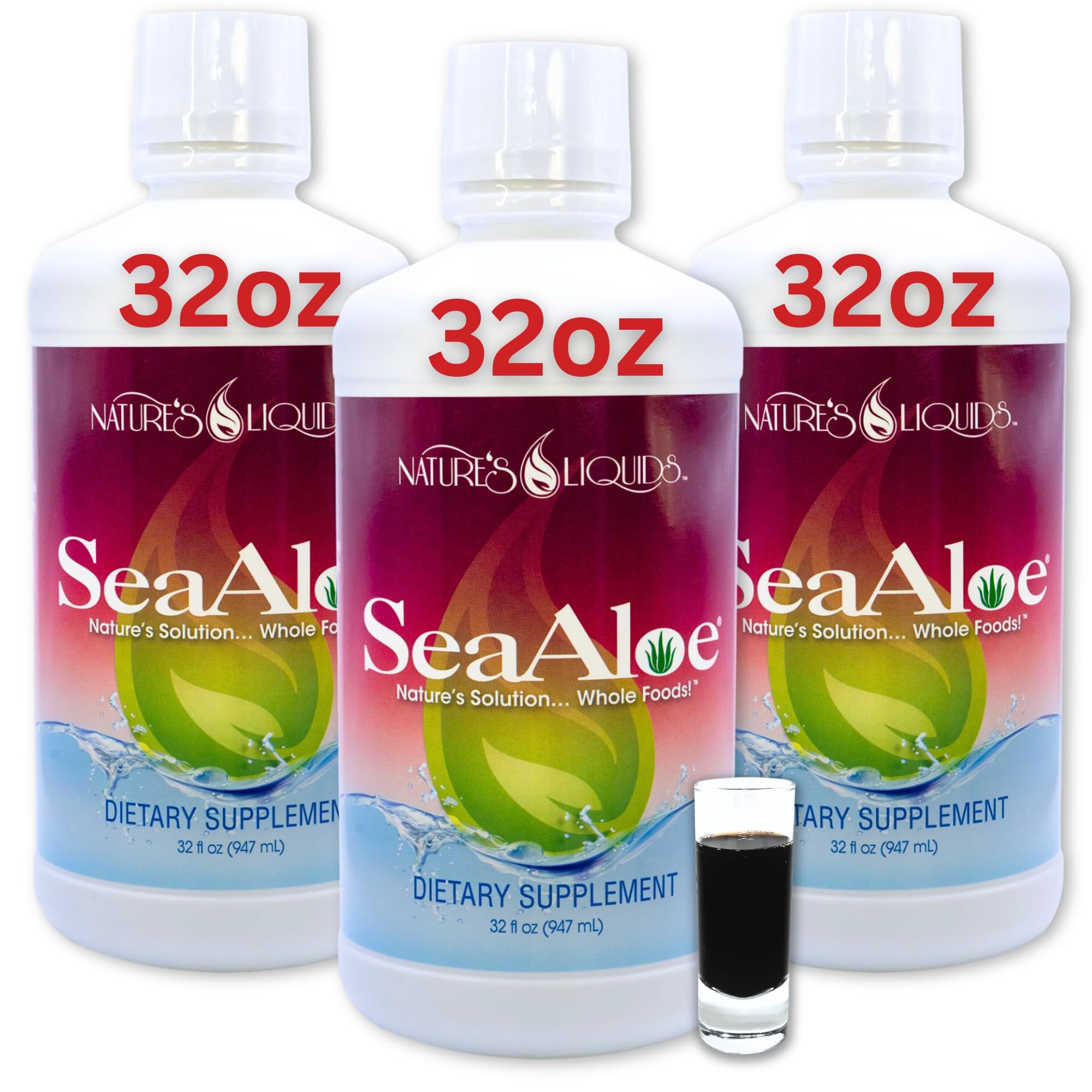 SeaAloe Nature's Liquids bottle close-up showing aloe vera juice for daily hydration