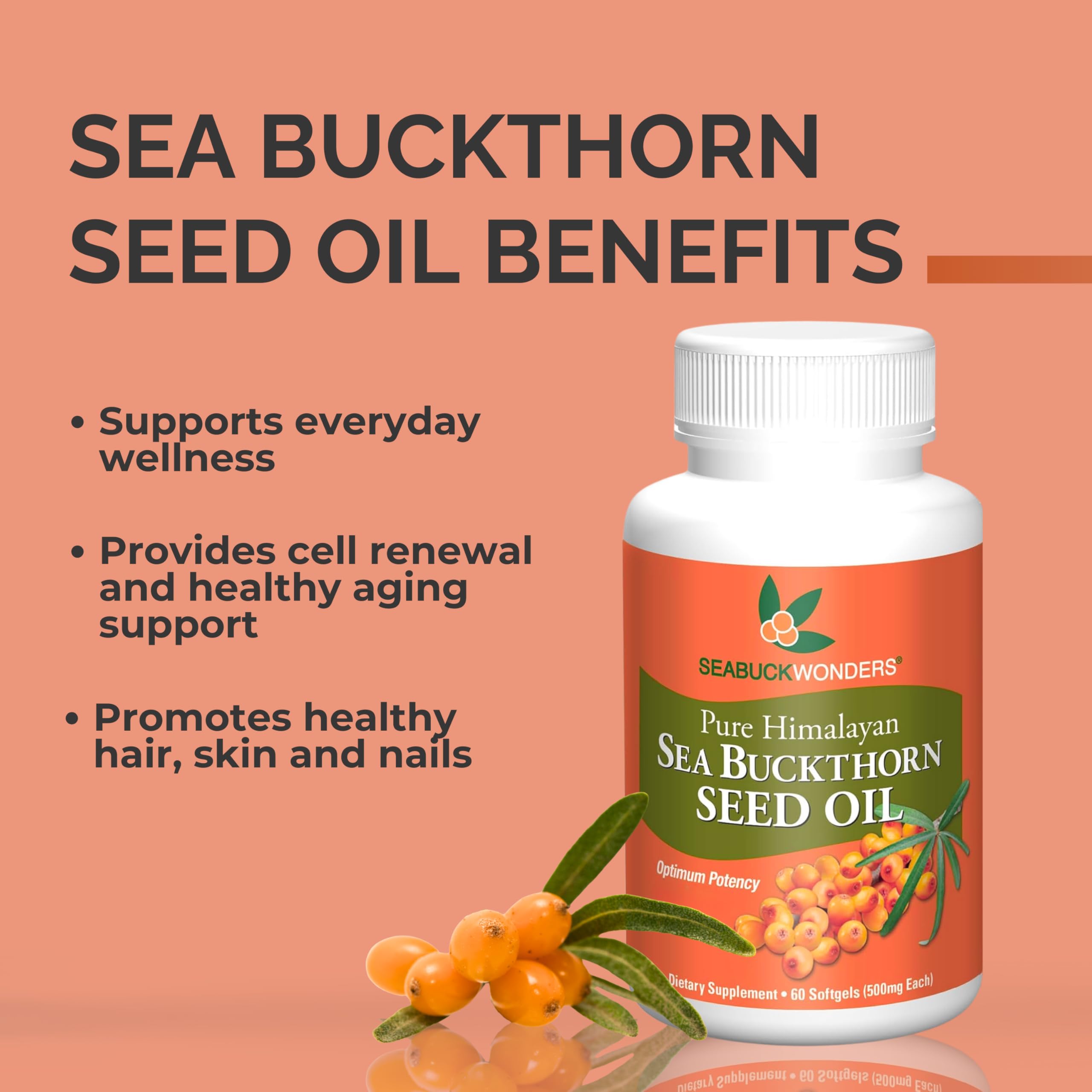 SEABUCKWONDERS packaging shows organic quality for sea buckthorn seed oil softgels