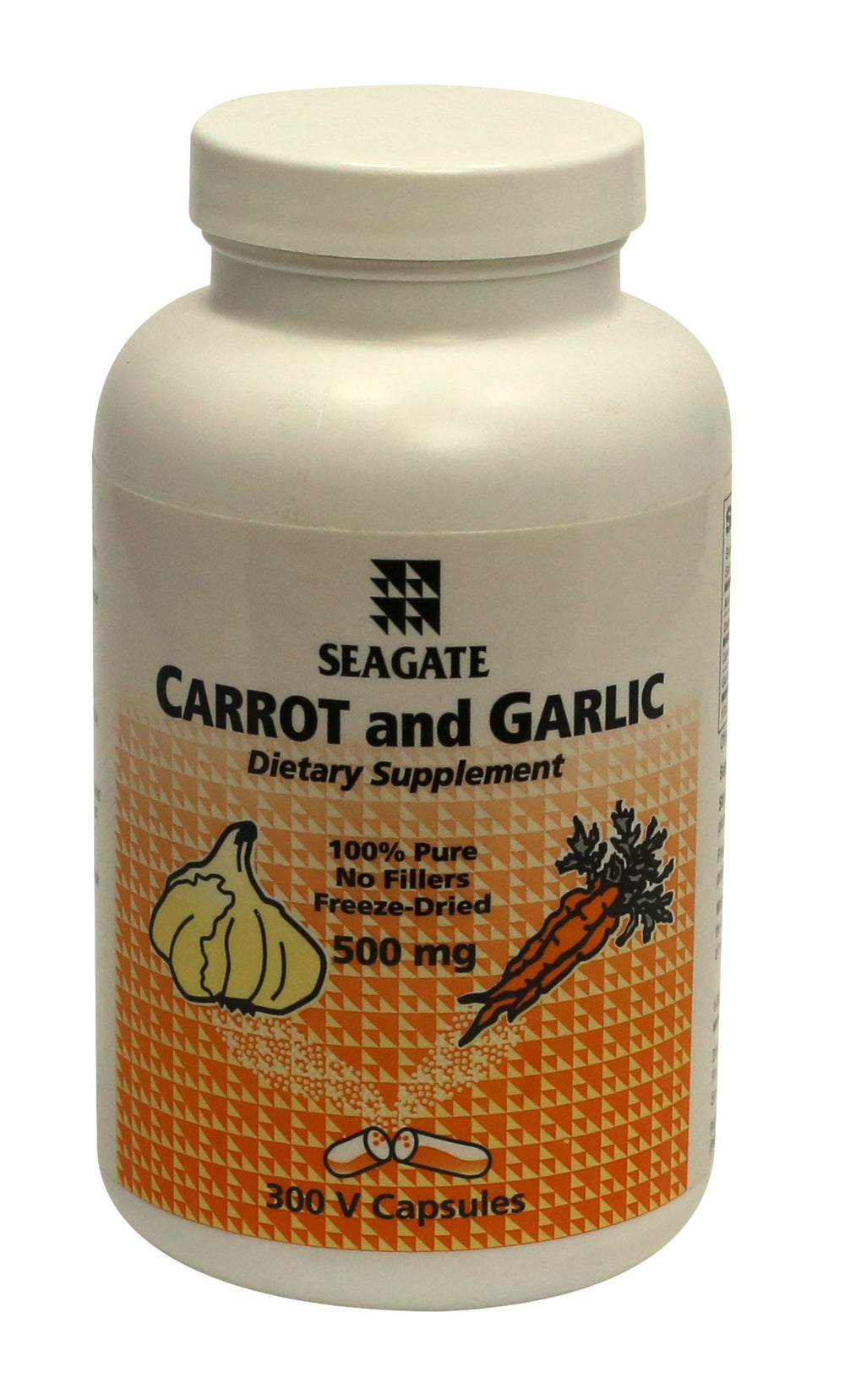 SEAGATE carrot and garlic 500mg bottle on shelf, pure additive-free capsules for daily nutrition.