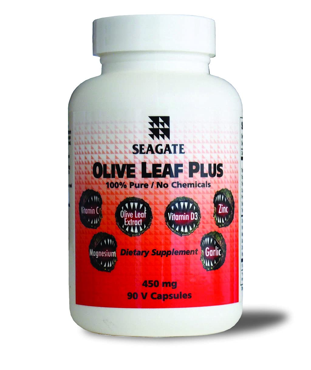 Seagate Olive Leaf Plus 450mg packaging highlights ingredients and dosing for immune health.