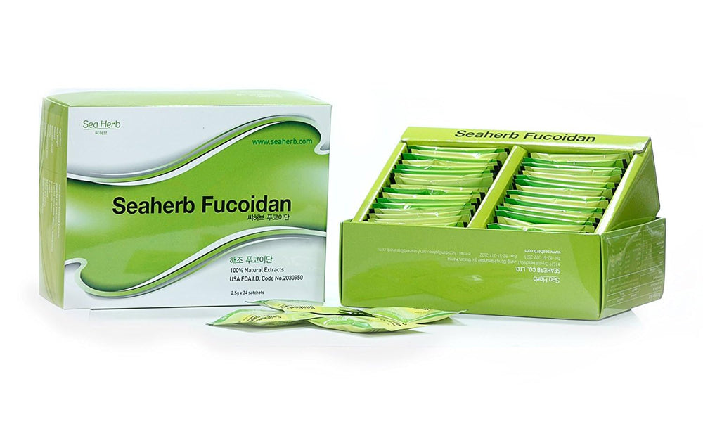 SeaHerb Fucoidan bottle with label shows pure marine extract for daily wellness.