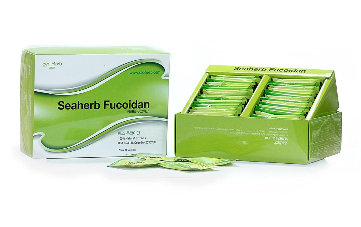 SeaHerb Fucoidan bottle with label shows pure marine extract for daily wellness.