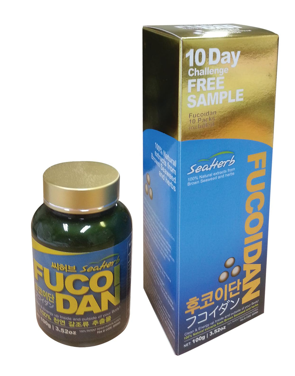 SeaHerb Fucoidan packaging emphasizes purity with no additives.