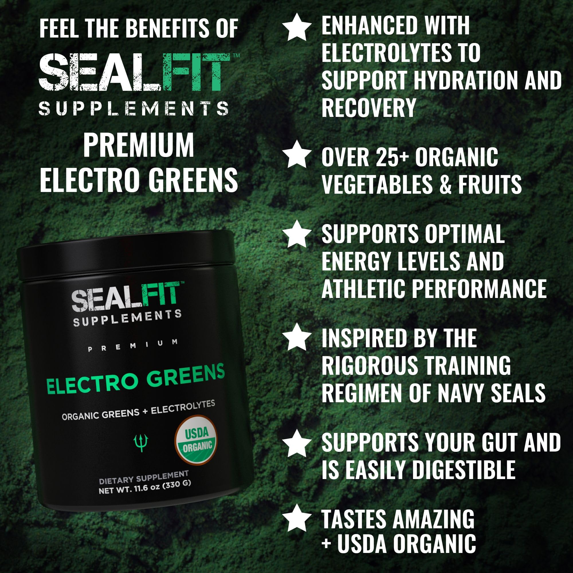 SEALFIT ElectroGreens ingredients pack shows 25+ greens