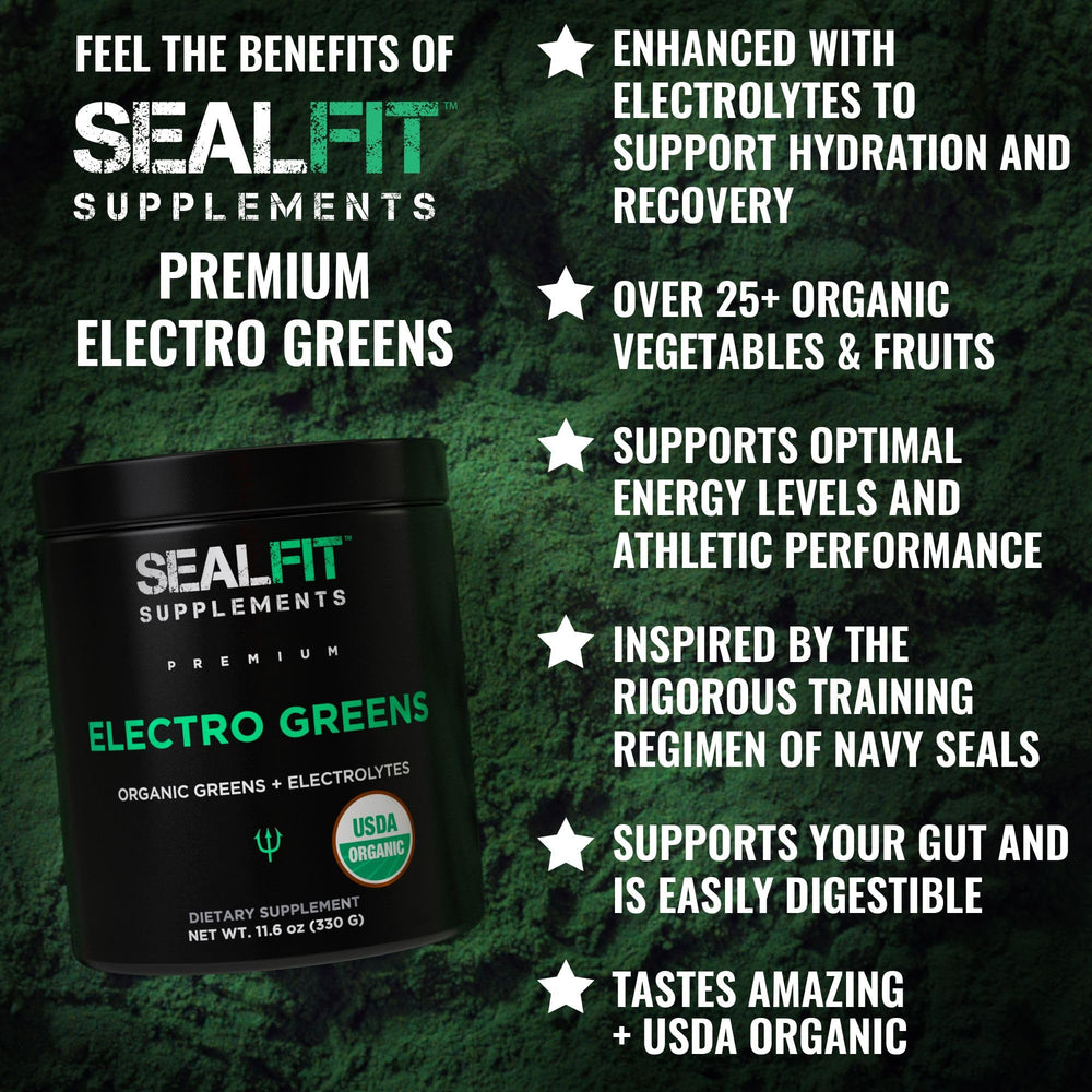 SEALFIT ElectroGreens ingredients pack shows 25+ greens