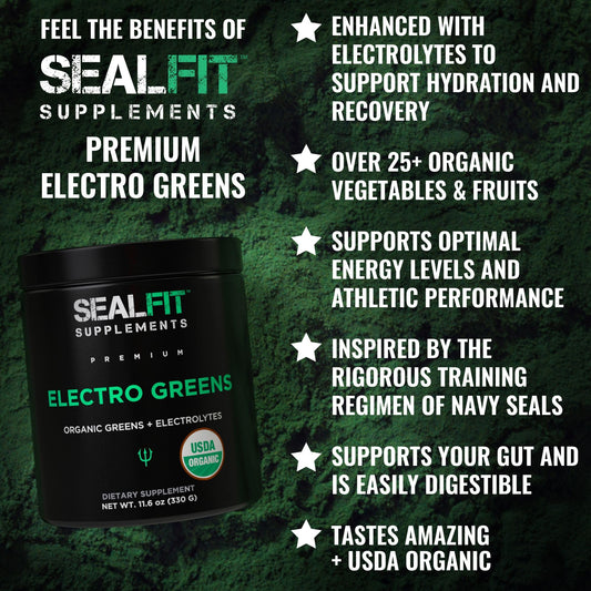 SEALFIT ElectroGreens ingredients pack shows 25+ greens