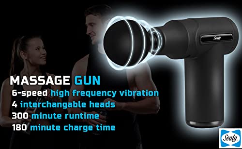 Sealy massage gun shows six speed settings for customizable relief.