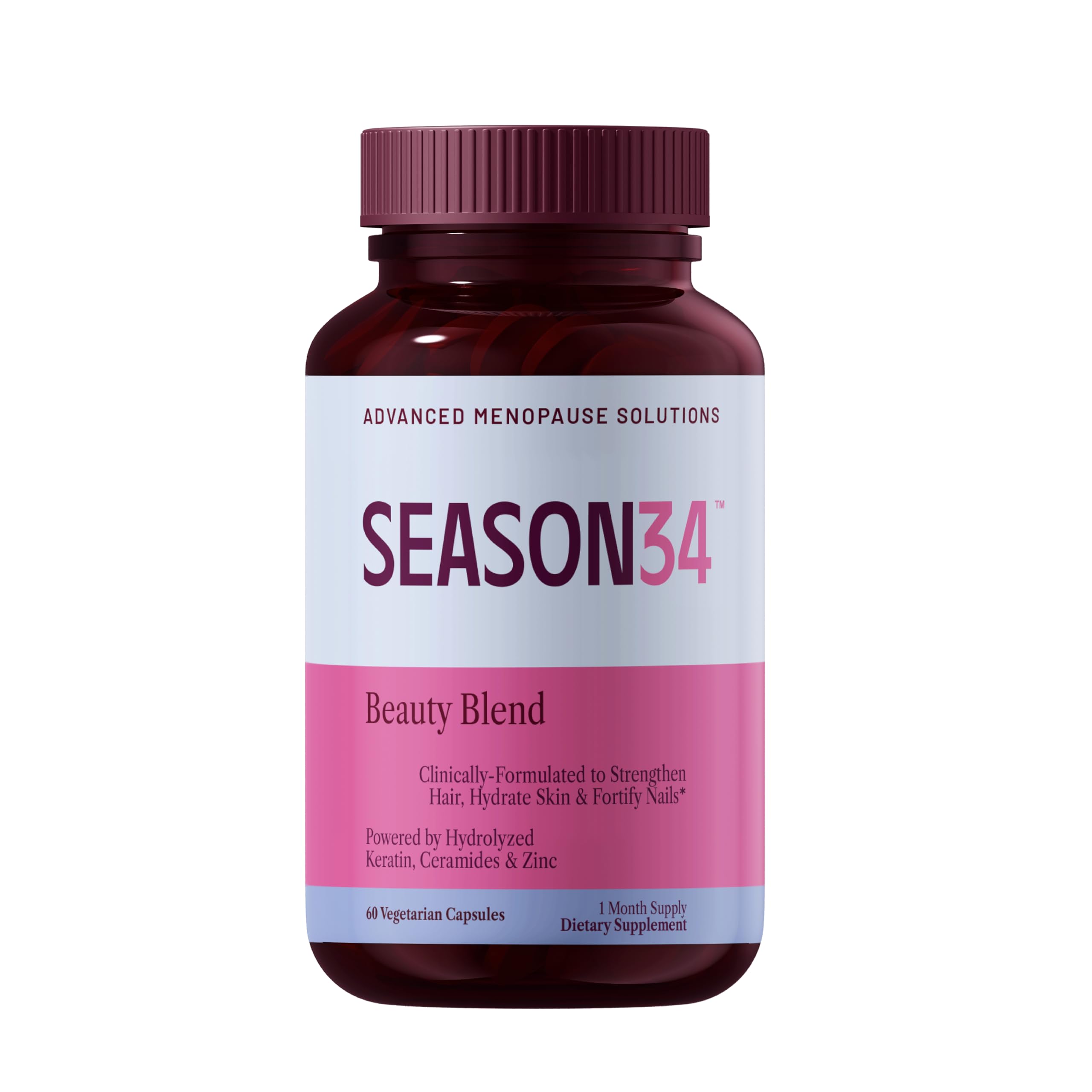 SEASON34 Menopause Beauty Blend bottle for daily use supporting healthier-looking hair.