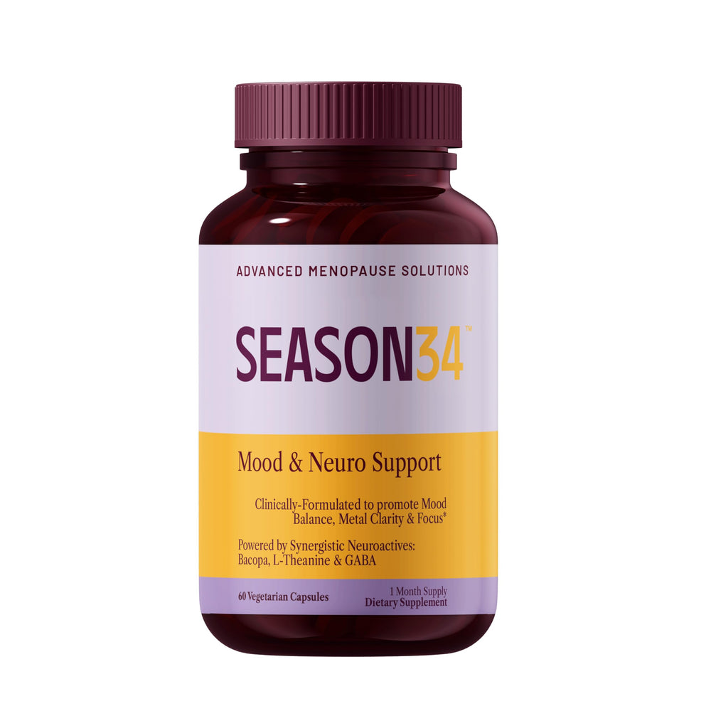 SEASON34 menopause mood memory bottle shows daily brain support and focus.